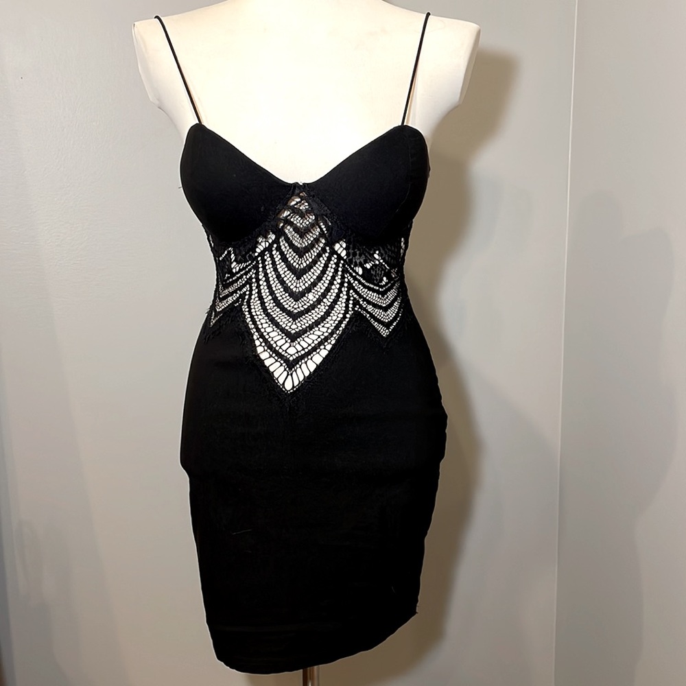 RARE LONDON Lace Midriff Bodycon Mini Dress BLACK / LARGE US6